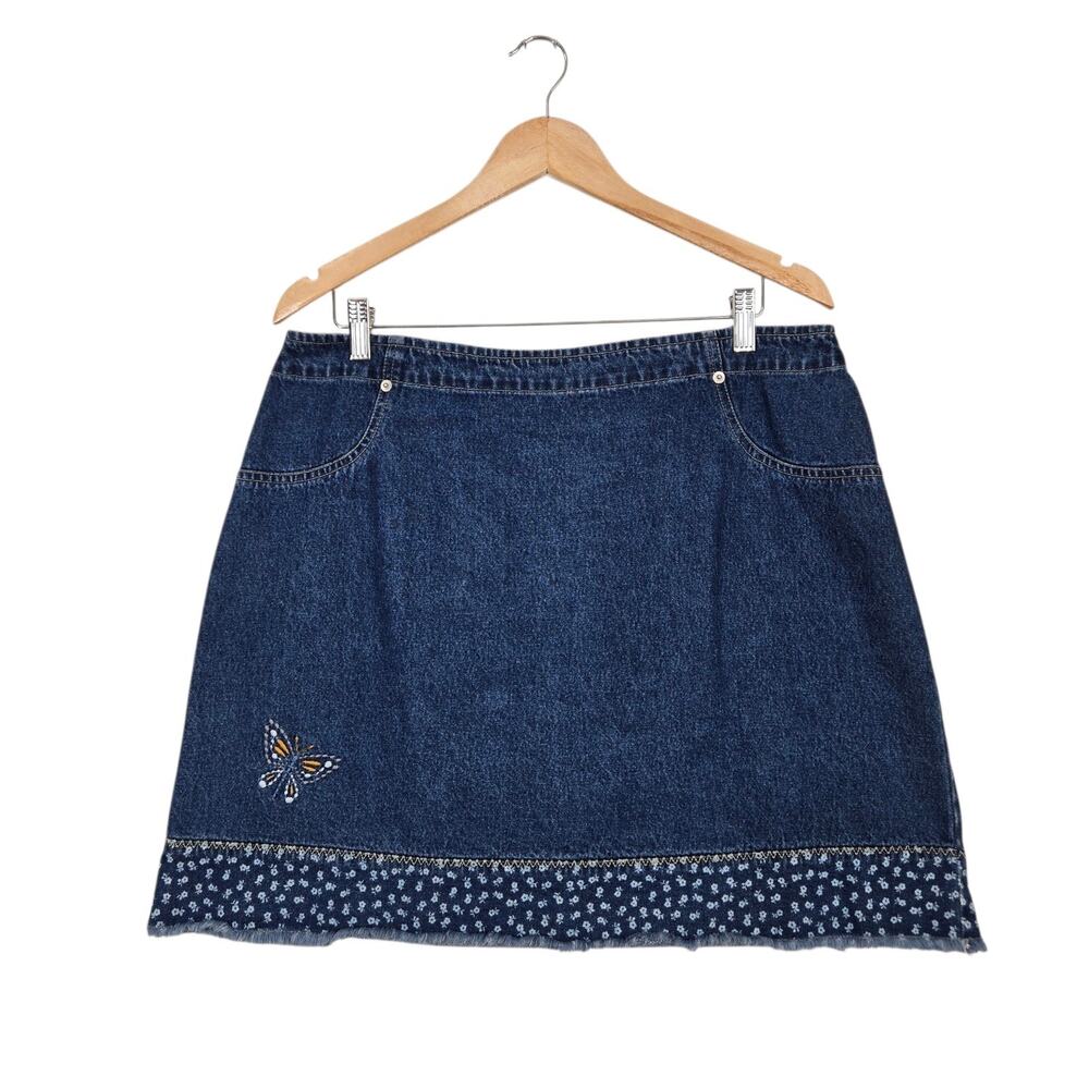 Y2K Route 66 Denim Mini Skirt XL Blue Butterfly Embroidered Cottagecore Boho